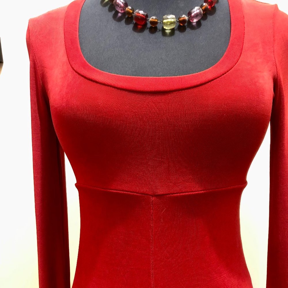 Vintage 1990s Cignal Red Stretch Midi A-Line Flare Jersey Fabric Dress, Size XS